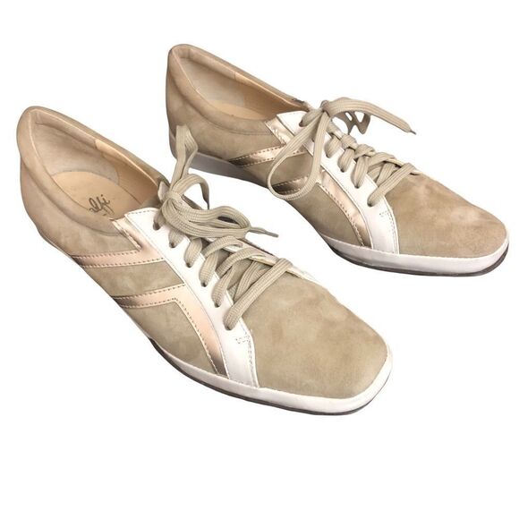 Stylish, Sleek, Tan/Cream/Gold Amalfi Suede/Leather Athletic Shoes, Size 9 - Picture 3 of 6